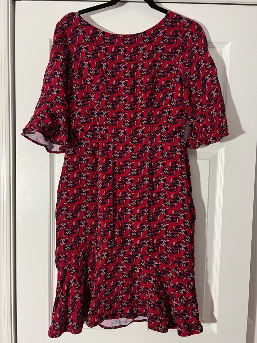 Boden Red Floral Midi Dress with Navy Accents